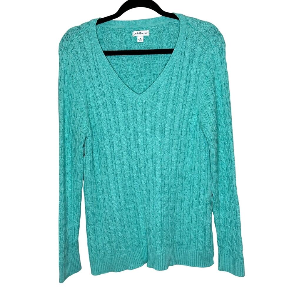 Croft & Barrow Light Green Cable Knit V-Neck Sweater Long Sleeve Winter Preppy M